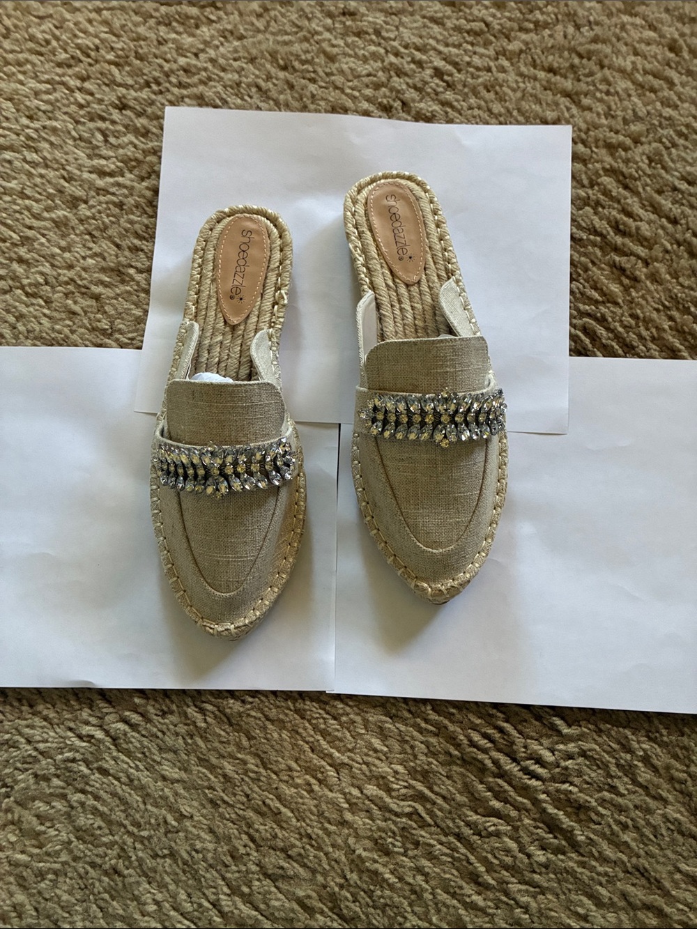 Shoe Dazzle Beige Crystal-Trim Espadrille Mules